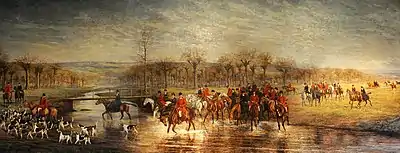 Allen Culpepper Sealy, 1850 - 1927, The Pau Hunt, Master Charles Henry Ridgway, 1907, Oil on canvas, les collections du Cercle Anglais, with (generally left to right) Ted Parker, Richard Ridgway, Walter Smethurst, Mrs. Joseph Barron (Jeanie Hutton), Charles Jackson Morse, Miss Annie Hutton, Ethel Morgan, Charles Henry Ridgway, Comte de Lesterps, William Forbes Morgan, Baron de Waldner, Butler Brooke, Baron de Palaminy, Miss Platt, Princess Volconsky, Sydney Platt, Vicomtesse Werlé, Miss Elizabeth Schmerhorn Potter, Thomas Burgess, John Harvey Wright, Herbert Thorn King, James Bagnell, Mr. Cramail, Harry Hutton, Frederick H. Prince, J. Yturbe, Hubert de Ganay, Duc de Brissac, William Knapp Thorn, Jr., Vicomte d'Elva, Miss Hubert, Baron Henri de Vaufreland, Henrietta Neilson Potter, Joseph “Pito” Barron, Comte R. d’Astorg, Martha Church Otis, Charles de Salverte, Commandant Dolfus, Ferdinand Roy, Mrs. William Forbes Morgan (Ellie Robinson), John Nugent, Comtesse de Ganay (Emily Ridgway), Mrs. Charles Henry Ridgway (Ellen Monroe), M. Larregain, M. Nozaret, Mat Townsend, Mrs. Harry Hutton (Mary “May Kip Kane), Maurice Bernard