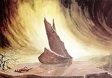 Stage setting. In the rear centre of the picture, against the background of a stormy sky, is a series of rocks forming the shape of a sailing ship. Left foreground, a sleeping figure is visible on the ground.