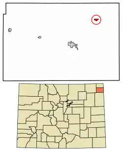 Location of the Amherst CDP in Phillips County, Colorado.