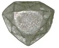Lead cast of the "French Blue" diamond, discovered in 2007 at the National Museum of Natural History (France) by Farges (ca. 31 mm × 26 mm (1.2 in × 1.0 in))