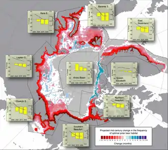 The Canadian Basin is blue for the most part, while the rest of the Arctic Basin is mainly red with scattered areas of blue