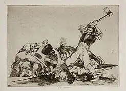 A civilian man holds a hatchet over his head, and is about to strike the heads of his kneeling captives, who are defeated soldiers in uniform.