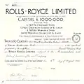 Certificate of the Rolls-Royce Limited for £23 of the Ordinary Stock, issued 8 August 1934. The stock certificate comes from the capital increase in November 1918 from £200,000 to £1,000,000. By far the oldest known british Rolls-Royce stock certificate.