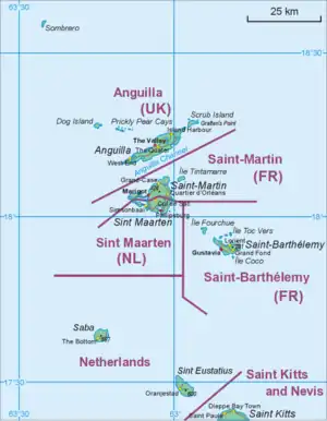 Map showing the location of St. Eustatius relative to Saba and St. Martin