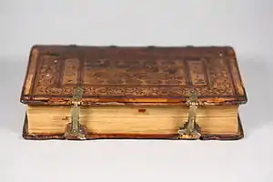 Image 34Sammelband of three alchemical treatises, bound in Strasbourg by Samuel Emmel c. 1568, showing metal clasps and leather covering of boards (from Bookbinding)