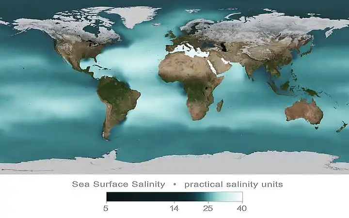 Annual mean sea surface salinity, measured in 2009 in practical salinity units