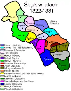 Silesia in the years 1322–1331, Duchy of Münsterberg (Ziębice) under its first ruler, Bolko II of Ziębice, marked in purple