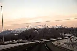 Southbound George Parks Highway approaching the interchange with Fairview Loop Road and Hyer Road.  The CDP's southern edge, where it borders with the Gateway CDP, is seen at left.