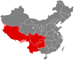Government-defined region of Southwest China(including Chongqing, Sichuan, Guizhou, Yunnan, and Tibet)
(Red): Controlled by China ;(Light red): Claimed, but not controlled