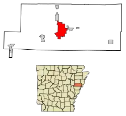 Location of Forrest City in St. Francis County, Arkansas.
