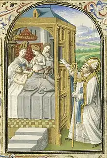 St. Nicholas, Bishop of Myra, gives secretly dowries to three poor girls - miniature on folio 084r