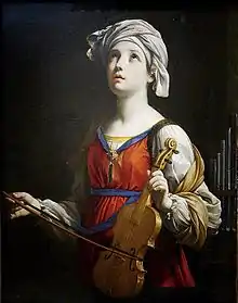 Oil painting of Saint Cecilia holding violin and bow, 1606, by Guido Reni.