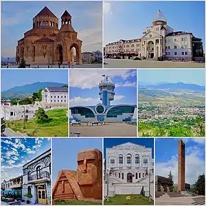 From top left: Holy Mother of God Cathedral Renaissance Square • Downtown Stepanakert Stepanakert Airport • Stepanakert skyline Park Hotel Artsakh • We Are Our Mountains Artsakh University
• Stepanakert Memorial