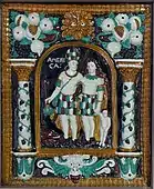 Stove tile with personification of America, from Southern Germany, c. 1650–1700, ceramic and polychrome glaze, in the Germanisches Nationalmuseum (Nuremberg, Germany)