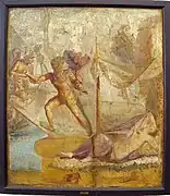 A man, leaping onto a ship at the image's left, departs from a nude woman, who lies in the foreground with a gesture of misery.