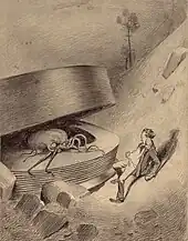 Illustration from 1903 by Henrique Alvim Corrêa showing the first Martian emerging from a cylinder that had fallen from the sky for an edition of The War of the Worlds by H. G. Wells (first published in 1897)