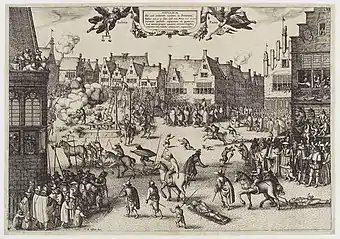 A monochrome illustration of a busy urban scene. Medieval buildings surround an open space, in which several men are being dragged by horses. One man hangs from a scaffold. A corpse is being hacked into pieces. Another man is feeding a large cauldron with a dismembered leg. Thousands of people line the streets and look from windows. Children and dogs run freely. Soldiers keep them back.