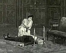 The body of a man lies supine, with a woman, crucifix in hand, kneeling over him. A candle is placed to each side of his head.