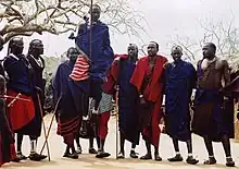 Image 19Maasai wearing traditional clothes named Matavuvale while performing Adumu, a traditional dance (from Culture of Africa)