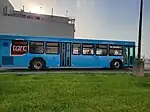 Blue bus, with grass in the foreground