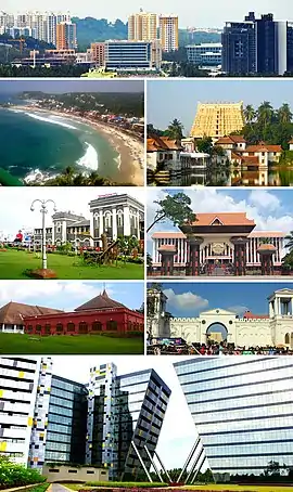 Clockwise, from top: Trivandrum City Skyline, Kovalam Beach, Padmanabhaswamy Temple, Thiruvananthapuram Central railway station, Niyamasabha Mandiram, Kanakakkunnu Palace, East Fort, Technopark