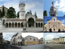 Top: San Giovanni Clock Tower and Liberta Square, Angel monument at Udine Santa Maria Church, Udine Cathedral, (left to lower right) Bottom: Via Mercatovecchio&nbsp;[it], Loggia del Lionello, Matteotti Square&nbsp;[it] (left to right)