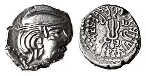 Coinage of Valabhi (Saurashtra), late 5th-8th century CE. Capped head right in Ksatrapa style. Trident with Brahmi legend around. of Maitraka Empire