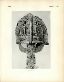 Black and white photograph of the Valsgärde 6 helmet