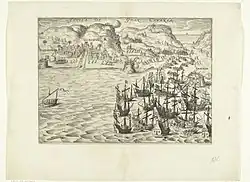 A fleet of at least 15 ships attacks a bastion labeled 'Graciosa'. Boats land armed people near a town labeled 'ALLAGOENA'. The island is labeled 'Insula De Gran Canaria'.