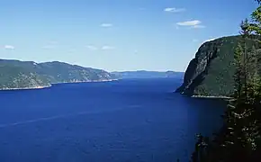 The Saguenay River and the Cap Éternité seen from the first level of Cape Trinity near the Statue of Notre-Dame-du-Saguenay