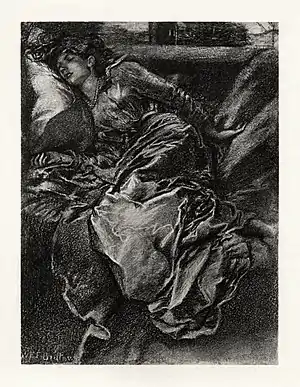 Image 14The Sleeping BeautyIllustration: W. E. F. Britten; restoration: Adam Cuerden"The Sleeping Beauty" is a poem written by Alfred, Lord Tennyson, and published in 1830; it was later expanded and published in 1842 as "The Day-Dream". Based on the fairy tale Sleeping Beauty, the poem (as with many of Tennyson's adaptations of existing literary works) focuses on a single aspect of the story, the appearance of the eponymous character as she sleeps.This illustration by W. E. F. Britten was published in 1901 to accompany a reprinting of "The Sleeping Beauty". It accompanies the poem's final lines: "She sleeps, nor dreams, but ever dwells / A perfect form in perfect rest."More selected pictures