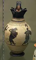 White-ground black-figure oinochoe (Wine-Jug) of Herakles and the Nemean Lion, Athens about 520 - 500 BC, attributed to the Painter of London, potted by Andokides.
