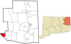 Willimantic's location within Windham County and Connecticut
