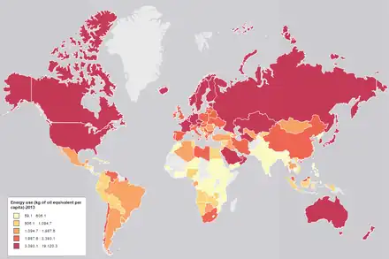 Image 14A map showing the world energy consumption per capita based on 2013 data from the World Bank.  (from Urban geography)