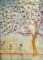 Nude girl harvesting, monkey in tree