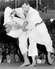 Image 31Yoshihiko Yoshimatsu attempting to throw Toshiro Daigo with an uchi mata in the final of the 1951 All-Japan Judo Championships (from Judo)