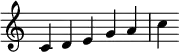 {
\override Score.TimeSignature #'stencil = ##f
\relative c' {
\clef treble \key c \major \time 5/4
c d e g a c
} }