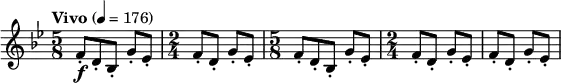 \relative c' \new Staff {
\key bes \major \clef "treble"
\set Staff.midiInstrument = "clarinet"
\tempo "Vivo" 4 = 176
\time 5/8 f8-.\f d-. bes-. g'-. es-. | \time 2/4 f-. d-. g-. es-. |
\time 5/8 f8-. d-. bes-. g'-. es-. | \time 2/4 f-. d-. g-. es-. | f-. d-. g-. es-. |
}