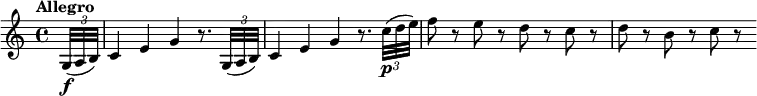 \relative c' {
\override Score.NonMusicalPaperColumn #'line-break-permission = ##f
\tempo "Allegro"
\partial 16 \times 2/3 { g32(\f a b) } |
c4 e g r8. \times 2/3 { g,32( a b) } |
c4 e g r8. \times 2/3 { c32\p( d e) } |
f8 r e r d r c r |
d8 r b r c r
}