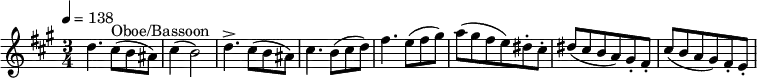 \relative c'' { \clef treble \time 3/4 \key a \major \tempo 4 = 138 d4. cis8(^"Oboe/Bassoon" b ais) | cis4( b2) | d4.-> cis8( b ais) | cis4. b8( cis d) | fis4. e8( fis gis) | a( gis fis e) dis-. cis-. | dis( cis b a) gis-. fis-. | cis'( b a gis) fis-. e-. }