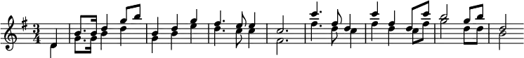 \relative c' { \clef treble \key g \major \time 3/4 \partial 4*1 << { d4 | b'8. b16 d4 g8 b | b,4 d g | fis4. e8 e4 | c2. | c'4. fis,8 d4 | c' fis, d8 c' | b2 g8 b | d,2 } \\ { d,4 | g8. g16 b4 d | g, b e | d4. c8 c4 | fis,2. | fis'4. d8 c4 | fis d c8 fis | g2 d8 d | b2 } >> }