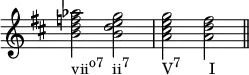 {
\set Score.proportionalNotationDuration = #(ly:make-moment 1/4)
\override Score.TimeSignature
#'stencil = ##f
\time 4/4
\key d \major
\relative c'' {
<b d f aes>2_\markup { \concat { "vii" \raise #1 \small "o7" \hspace #1.2 "ii" \raise #1 \small "7" \hspace #4.7 "V" \raise #1 \small "7" \hspace #4 "I" } } <b d e g> <a cis e g> <a d fis> \bar "||"
}
}