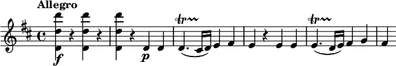 \relative c' {
\tempo "Allegro"
\key d \major
<d d' d'>4\f r q r |
q4 r d\p d |
d4.\startTrillSpan( cis16\stopTrillSpan d) e4 fis |
e4 r e e |
e4.\startTrillSpan( d16\stopTrillSpan e) fis4 g |
fis4
}