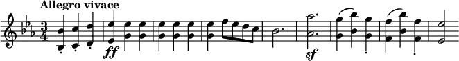 \new Staff
\relative c'{
\clef treble
\key ees \major
\time 3/4
\tempo "Allegro vivace" \tempo 2. = 116
<bes bes'>4_. <c c'>_. <d d'>_. <es es'> _\ff <g es'> q q q q q f'8 es d c bes2. <as as'> _\sf <g g'>4 (<bes bes'>) <g g'>_. <f f'> (<bes bes'>) <f f'>_. <es es'>2
}