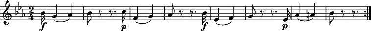 \relative bes' {
\key es \major \time 2/4
\partial 16 bes16 \f
g4( as) | bes8 r r8. c16 \p
f,4( g) | as8 r r8. bes16 \f
es,4( f) | g8 r r8. es16 \p
as4( a) | bes8 r r8. \bar ":|."
}