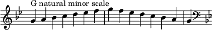 {
\override Score.TimeSignature #'stencil = ##f
\relative c'' {
\clef treble \key g \minor \time 7/4
g4^\markup "G natural minor scale" a bes c d es f g f es d c bes a g
\clef bass \key g \minor
} }