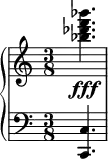 { \new PianoStaff << \new Staff \relative c'' { \clef treble \time 3/8 \key c \major
<bes'' f des bes>4.\fff } \new Staff \relative c { \clef bass \time 3/8 \key c \major <c c,>4. } >> }