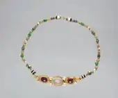 Necklace; circa 200 BC; gold, moonstone, garnet, emerald, cornelian, baroque pearl and banded agate; overall: 39.4 cm; Cleveland Museum of Art (Cleveland)