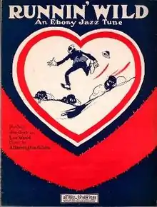 red and blue cover showing a figure running downhill having lost their hat inside a heart-shaped outline. The page is titled "Running Wild, An Ebony Jazz Tune"